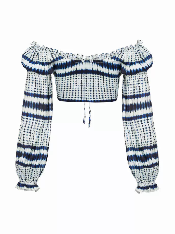 Cream and navy striped off-shoulder crop top with ruched shoulders and drawstring ties