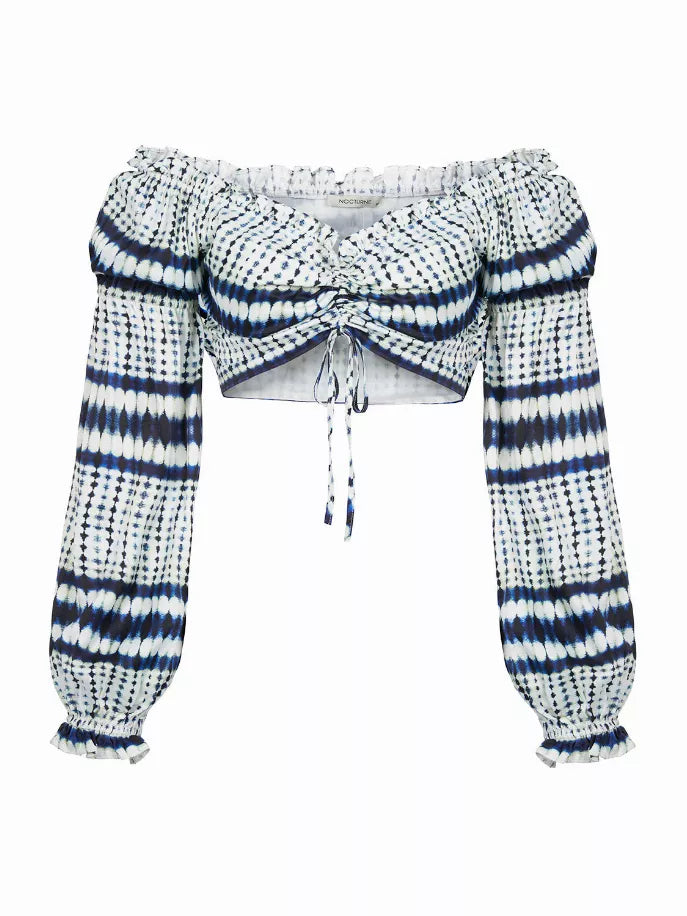 Studio view of cream and navy striped off-shoulder crop top with center drawstring