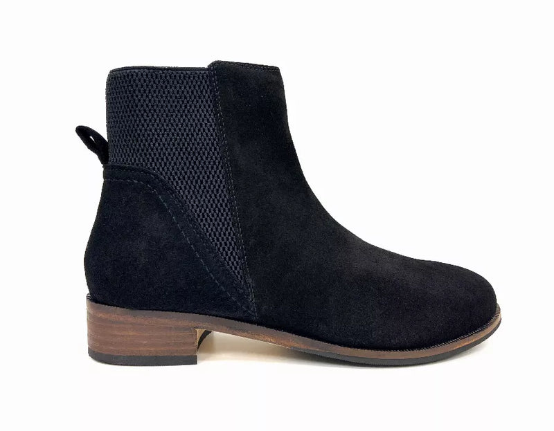 Dark suede Chelsea bootie with elastic side gore and stacked wood-look heel
