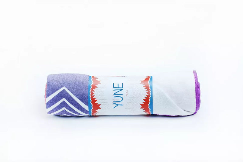 Yoga towel roll with chevron stripes, light blue, orange trim, and purple edge, YUNE
