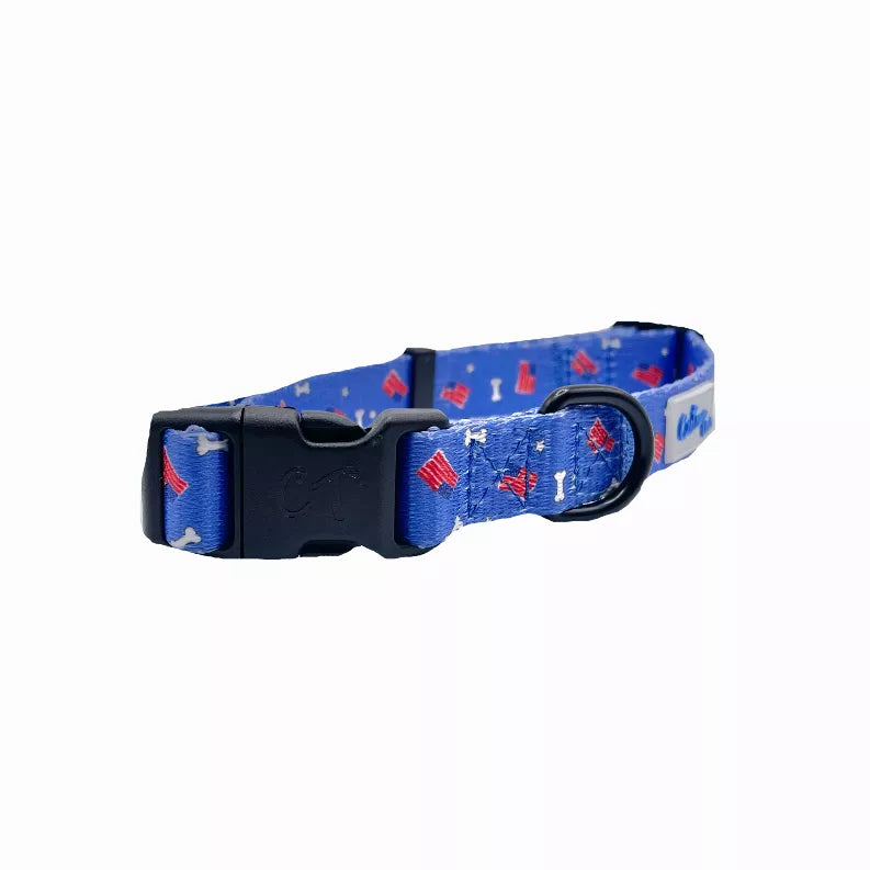 Blue dog collar with red and white patriotic pattern, black buckle and D-ring