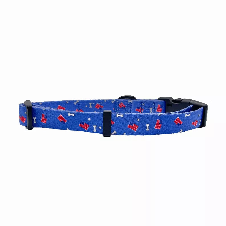 Blue dog collar with patriotic print, black adjustment buckle and strap end