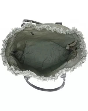 Olive fabric tote with frayed trim and dark carry handles, open top interior view