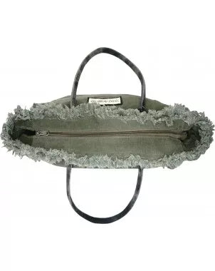 Olive tote with frayed top border and dark handles, open bag view