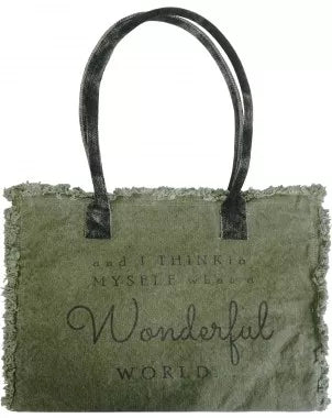 Olive market tote with dark handles and "Wonderful World" embroidery on front