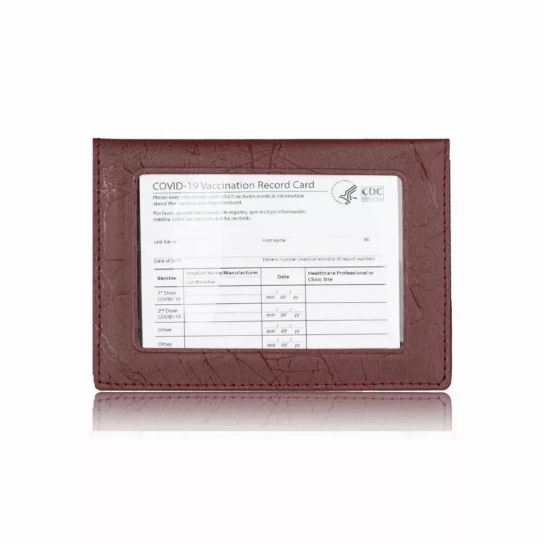 Brown 2-in-1 vaccination card and ID card holder with clear window
