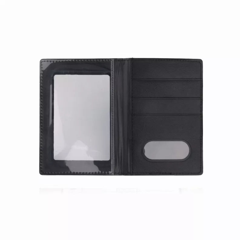 Black 2-in-1 holder open: clear card sleeve plus ID slot