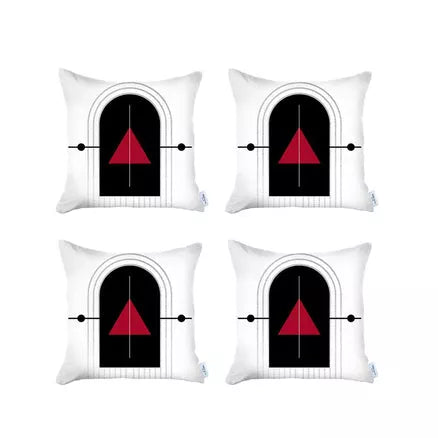 White throw pillow covers with black arched design and red tree silhouette (set of 4)