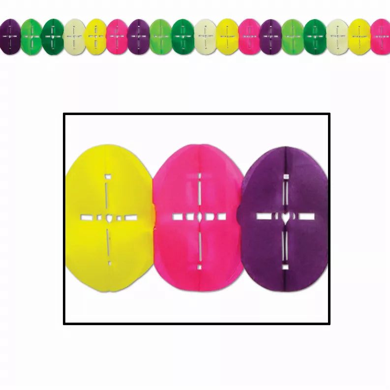Oval tissue decorations set: yellow, pink, and purple with ribbon tassel details