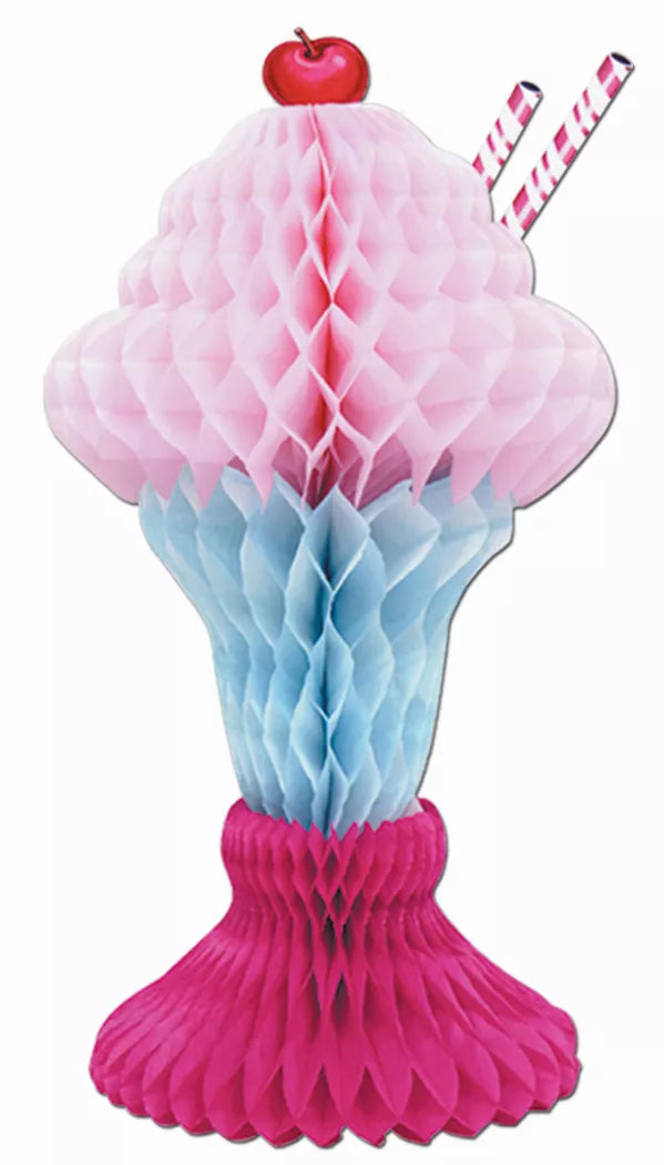 Cupcake-style tissue decoration with pink, blue, and red topper plus striped pick