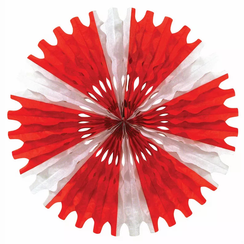 Red and white tissue fan rosette decoration with layered paper pleats