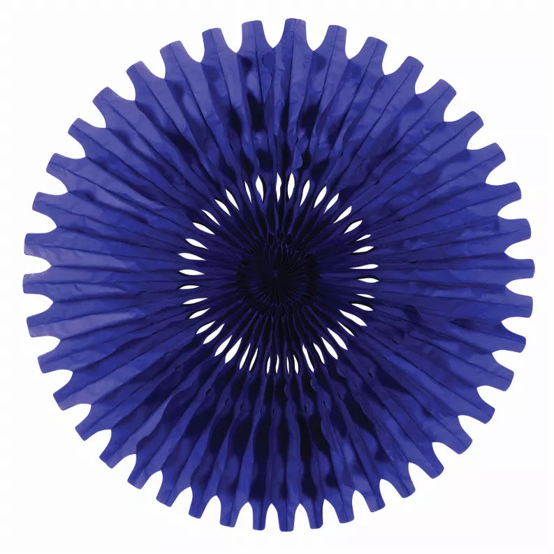 Blue tissue paper rosette fan decoration with radial pleats and center circle