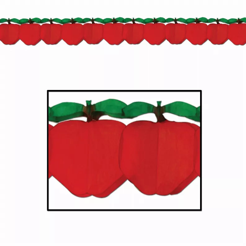 Red tissue apple garland with green leaf accents