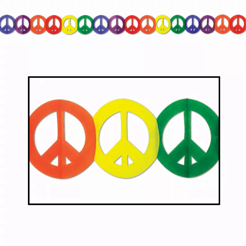 Tissue peace sign decorations, circular cutouts in orange, yellow, and green