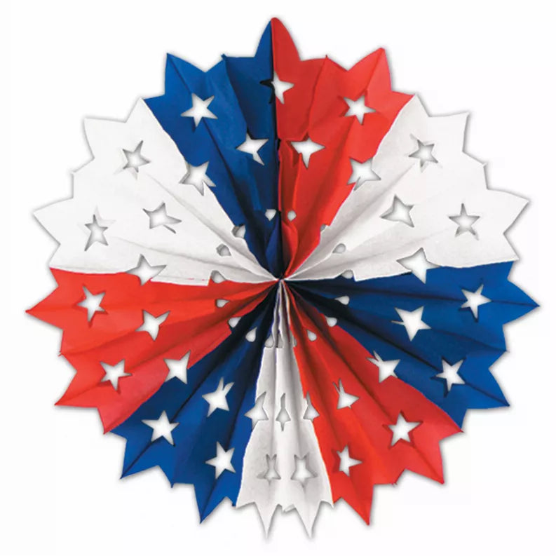 Red, white, and blue star tissue decoration fan with layered rosette petals