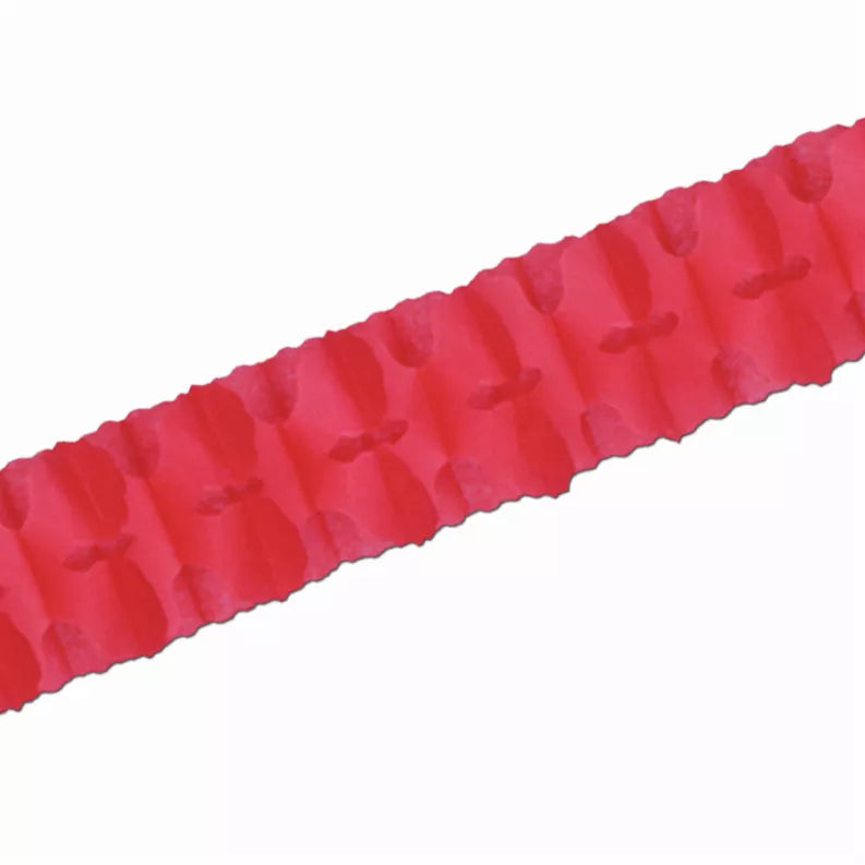 Red tissue decoration strip with accordion folds and scalloped edges
