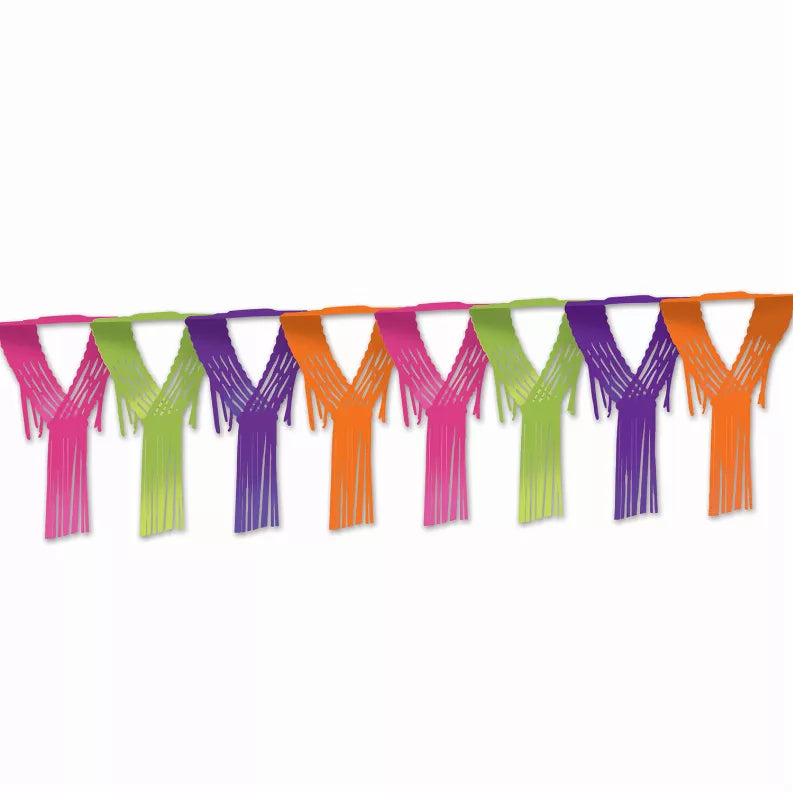 Tissue paper fringe garland in pink, green, purple, and orange
