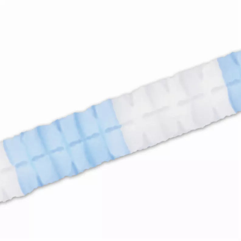 Blue and white tissue paper decoration strip with layered pleats