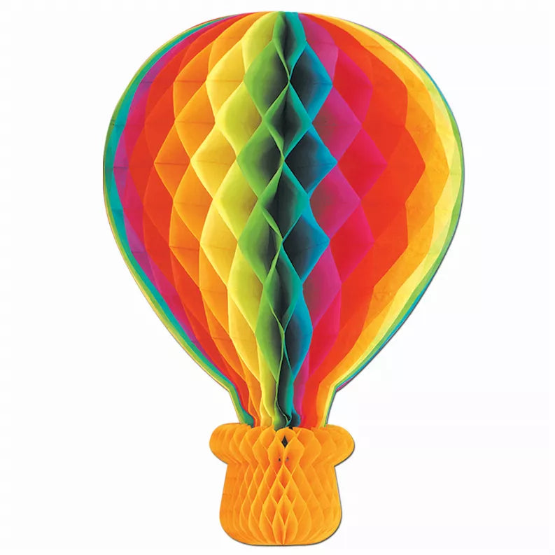 Tissue hot air balloon decoration with multicolor diamond panels and orange base basket