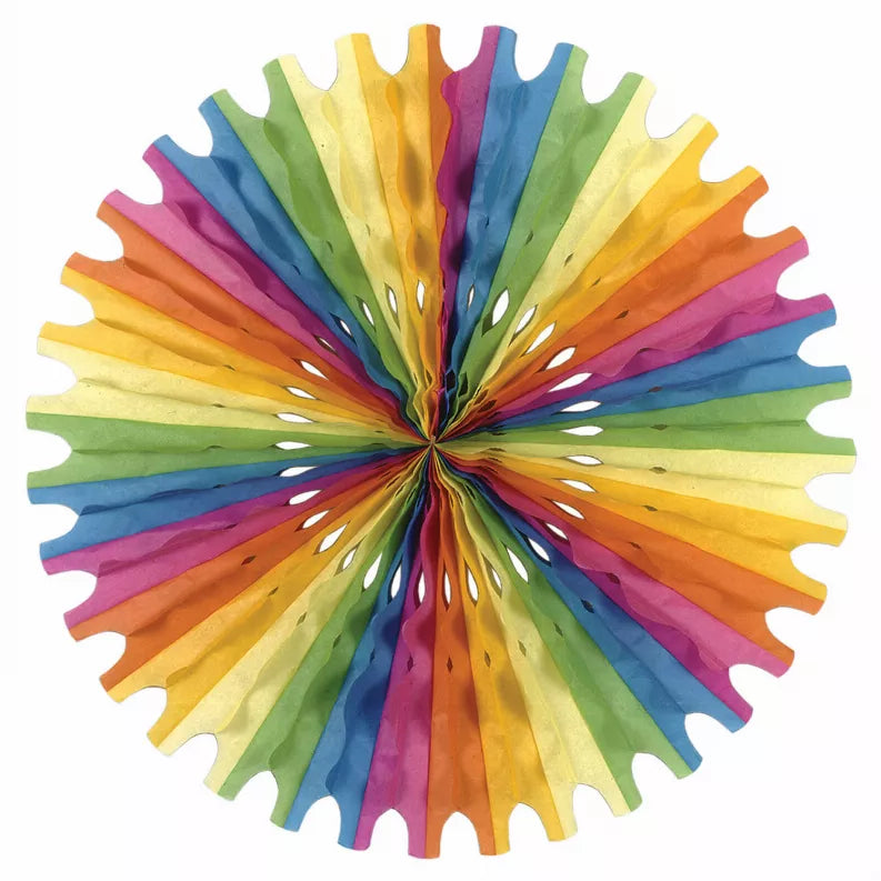 Multicolor paper tissue rosette decoration, circular scalloped fan shape
