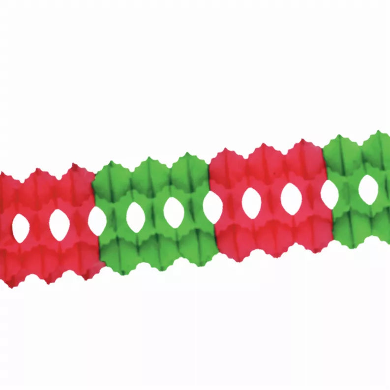 Red and green scalloped tissue garland with white oval cutouts