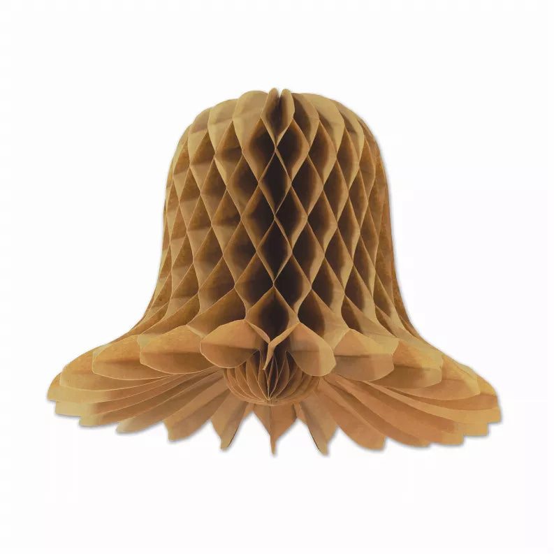 Brown tissue hanging decoration with layered diamond accordion pattern and flared base