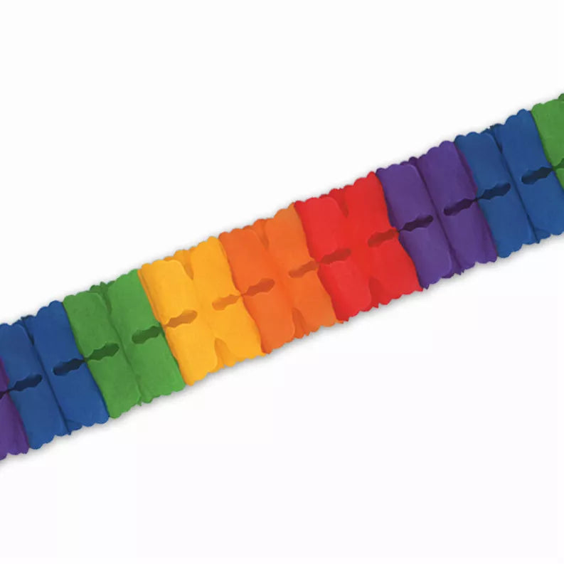 Multicolor tissue paper accordion garland with crimped ribbon-like segments