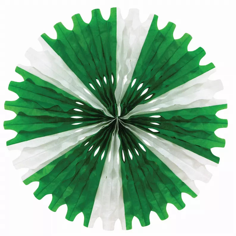 Green and white tissue fan decoration with pleated round ruffles