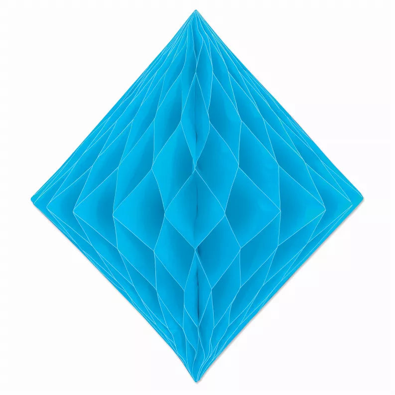 Blue diamond tissue fan decoration with pleated geometric folds