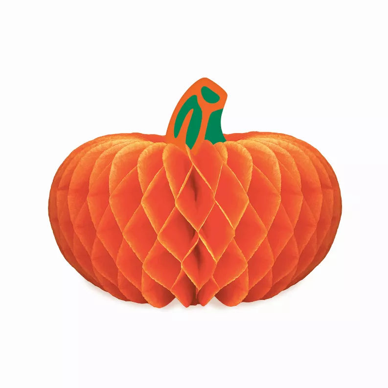 Orange tissue pumpkin decoration with green stem and layered pleats