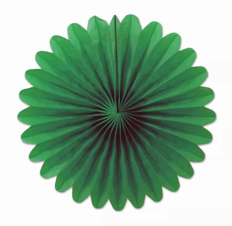 Green tissue paper rosette decoration with pleated fan petals