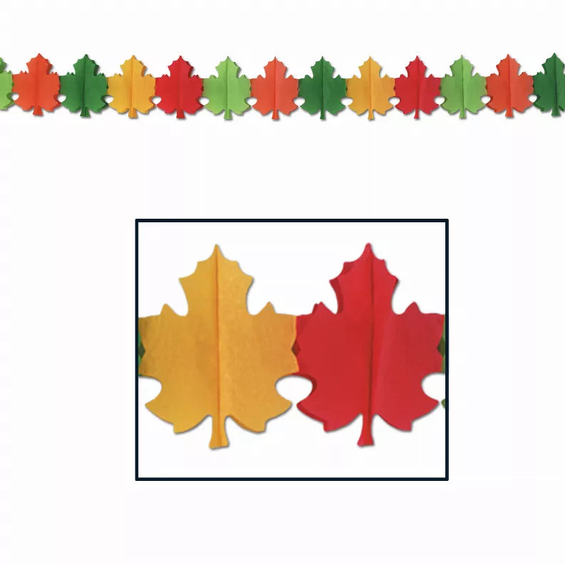 Leaf-shaped tissue decorations in red, green, and gold garland strip