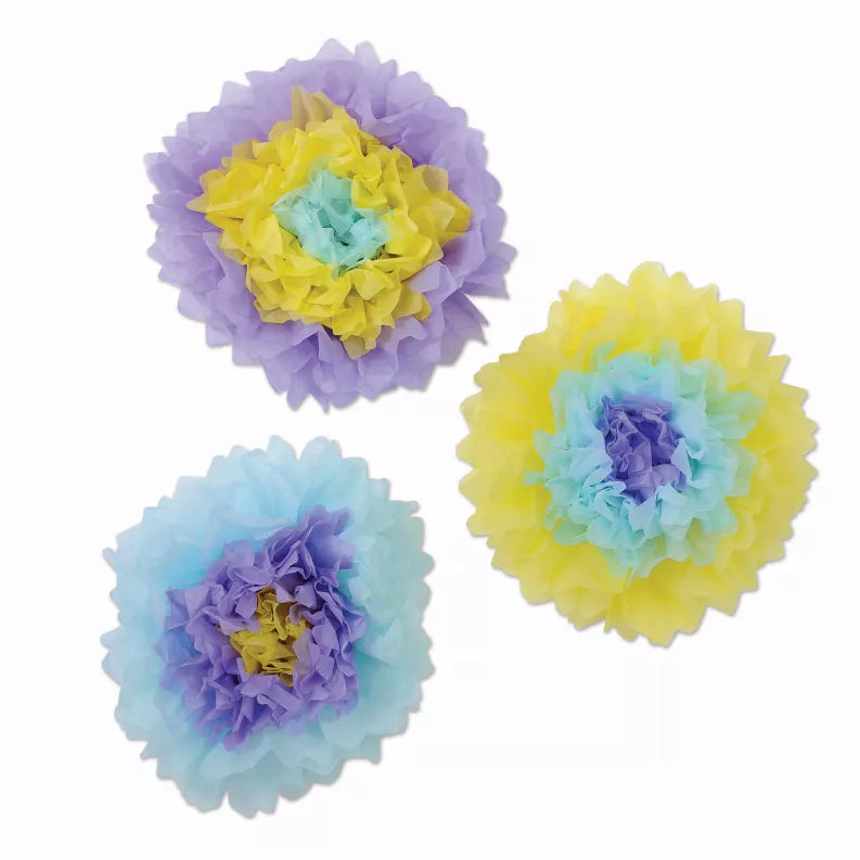 Set of tissue pom-puff decorations: purple, yellow, and light blue layered flowers