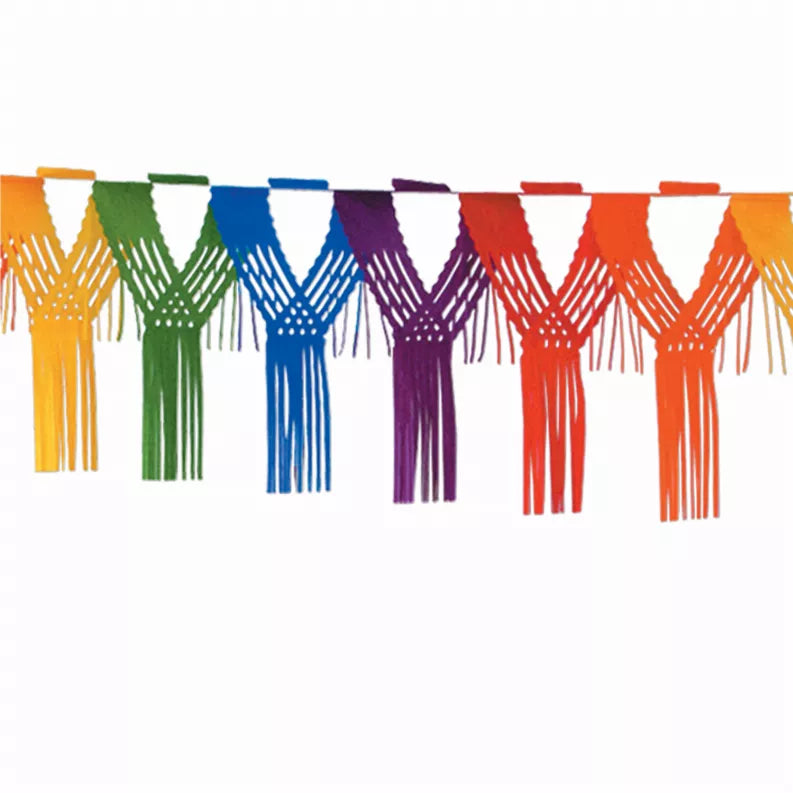 Multicolor tissue garland with triangular fringed pennants, hanging decorative strips