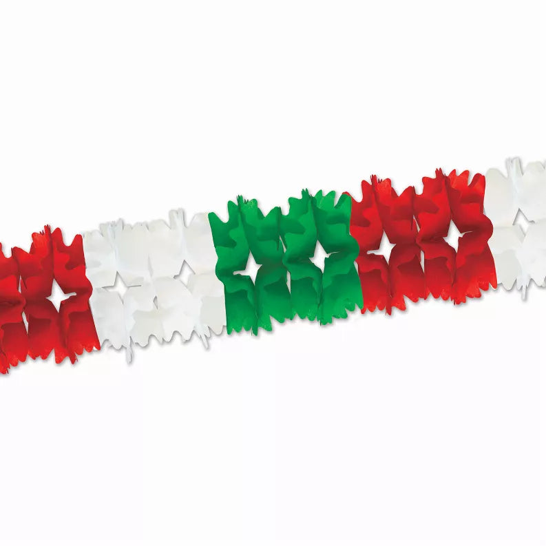 Red, green, and white tissue garland with star cutout trim