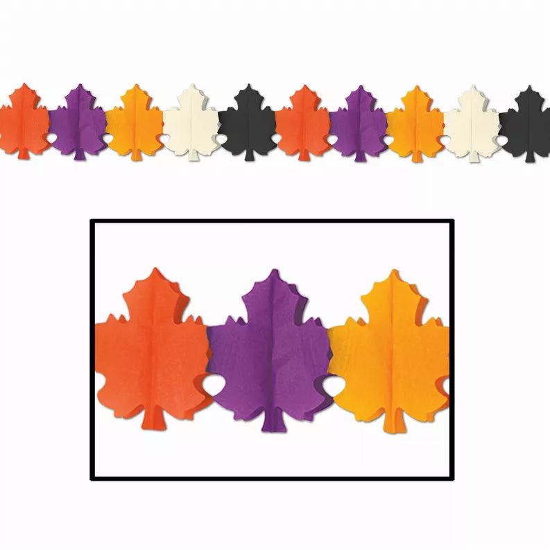 Tissue leaf decorations garland with orange, purple, black and white paper cutouts