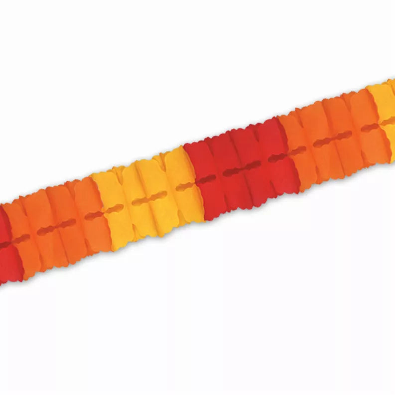 Colorful tissue paper garland with accordion folds in red, orange, and yellow