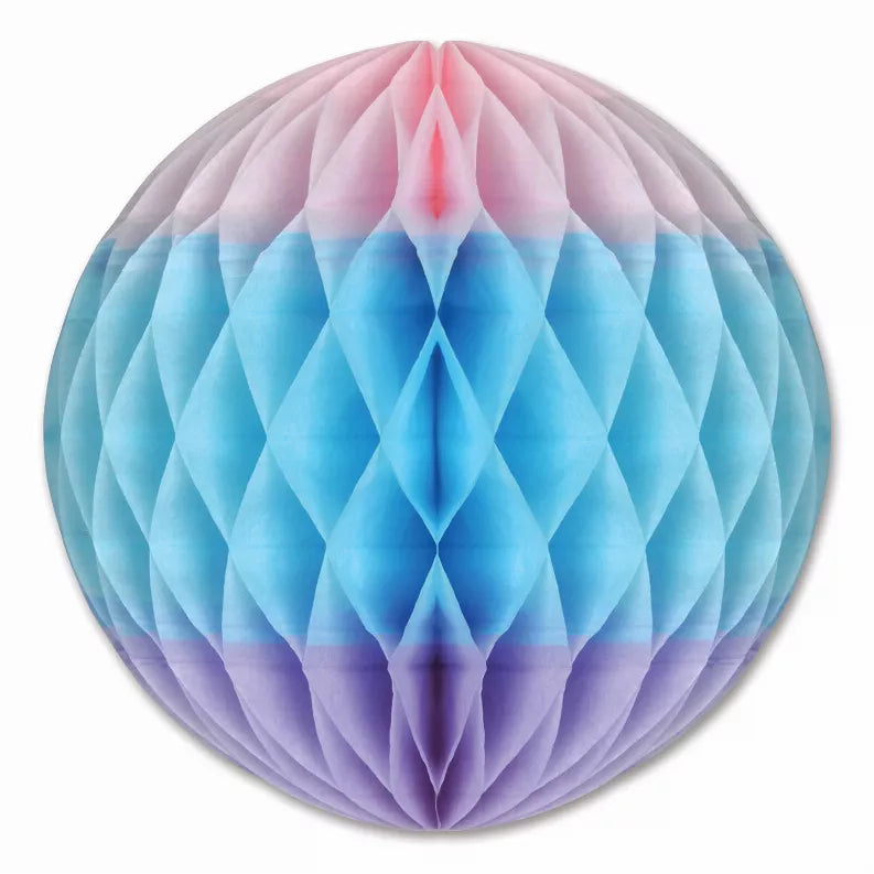 Round tissue decoration ball with blue and purple layered paper folds