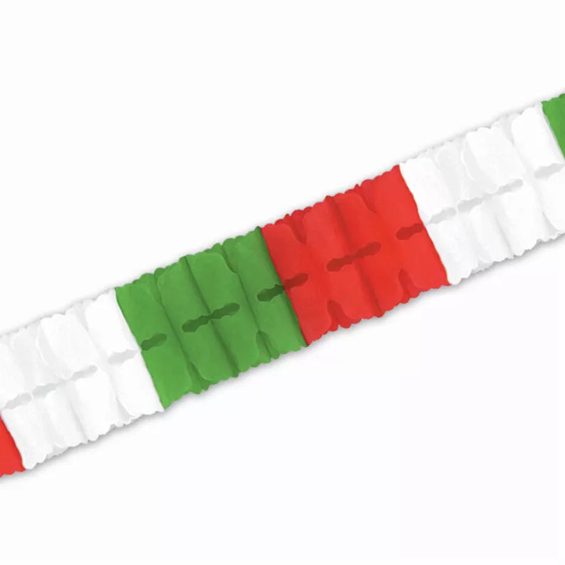 Tissue paper decoration garland with red and green ruffled sections and white trim