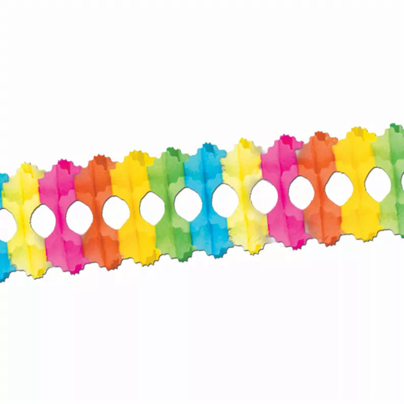 Colorful tissue paper garland with repeating punched circle cutouts