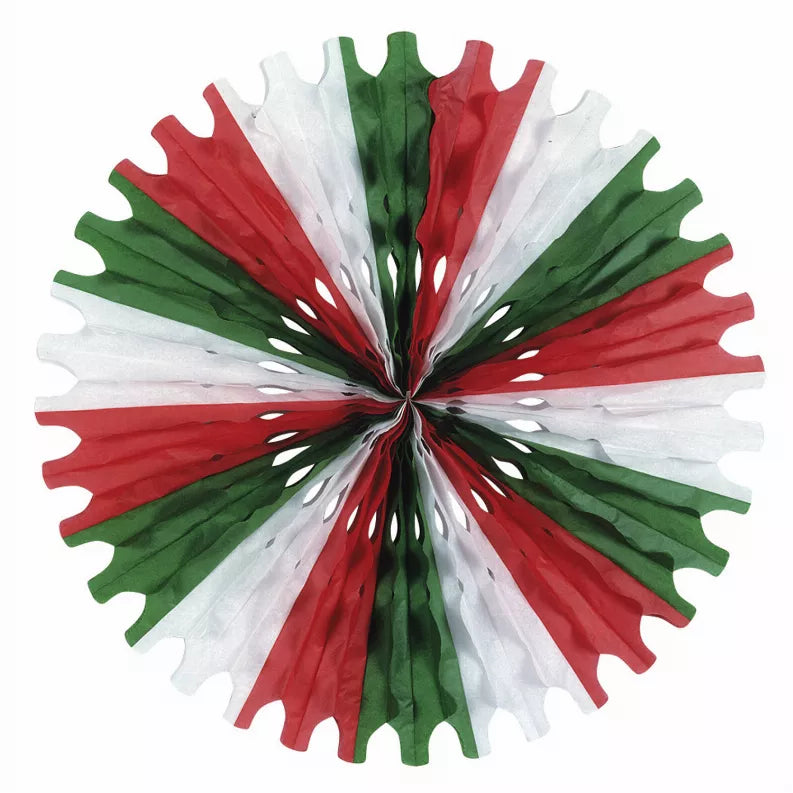 Tissue paper fan decoration, red, green, and white scalloped rosette center