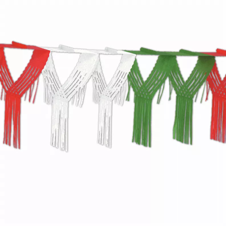 Tissue decoration garland with red, white, and green triangle pennants and fringe