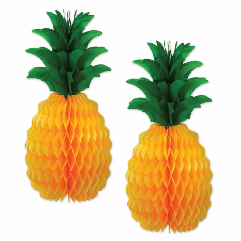 Pineapple tissue decoration set with green leaves and yellow honeycomb body, two pieces