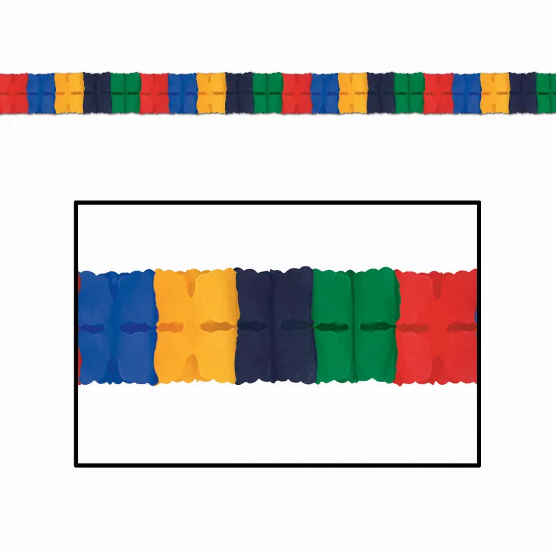 Multicolor tissue garland strip with scalloped ends, red blue yellow green accents