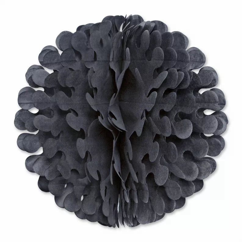 Black tissue paper rosette decoration with layered scalloped petals