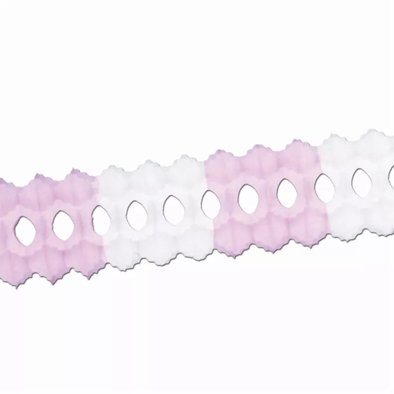 Purple and white tissue banner strip with scalloped edges and oval cutouts