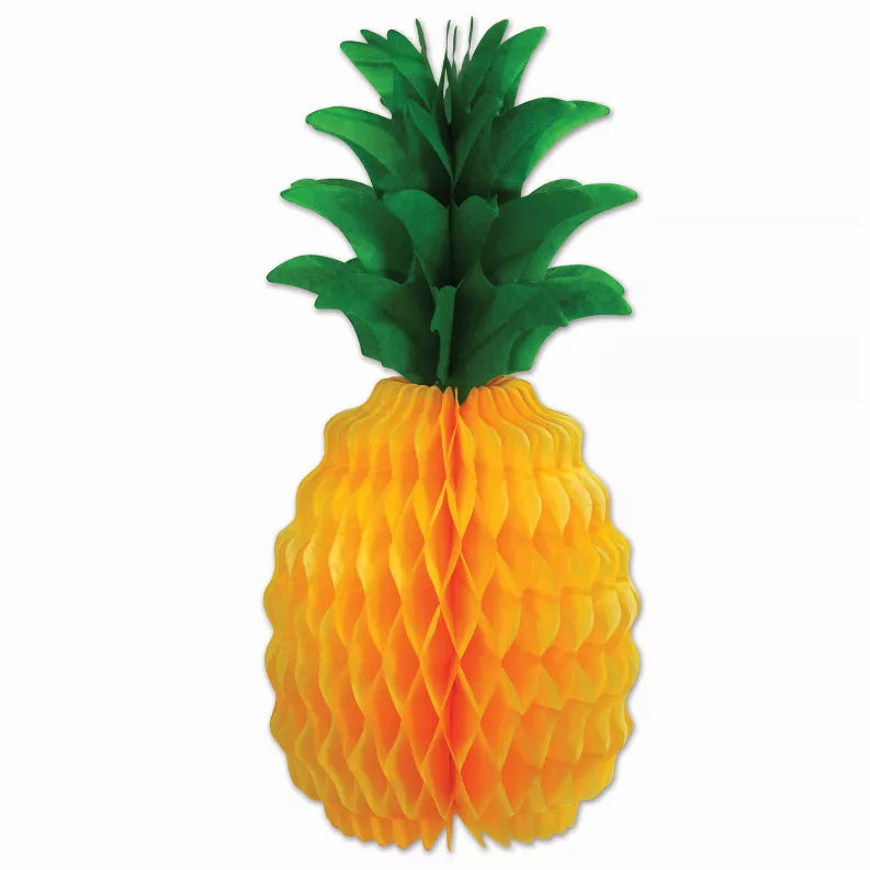Pineapple-shaped tissue decoration with green leaves and orange pleated body