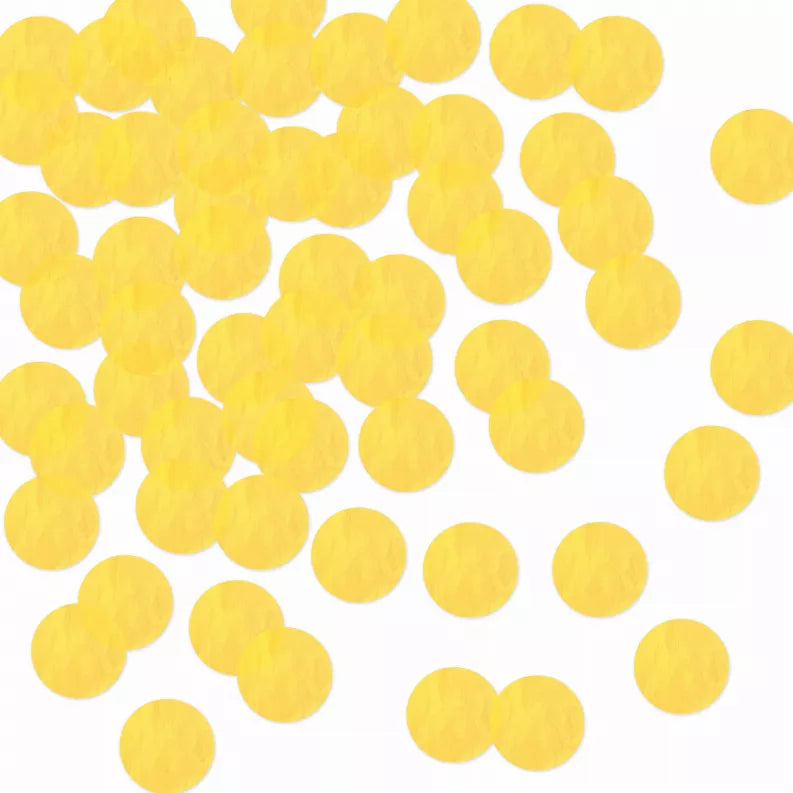 Yellow tissue paper confetti circles, scattered party decorations