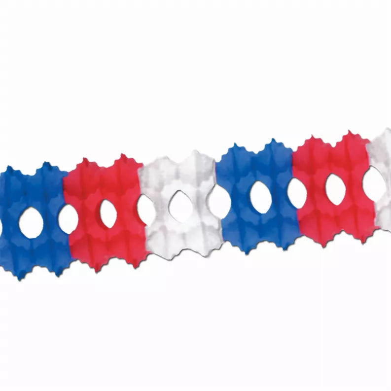 Scalloped tissue paper garland with blue, white, and red circle cutouts