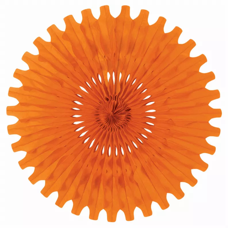 Orange paper rosette decoration with scalloped edges and circular fan-fold pattern